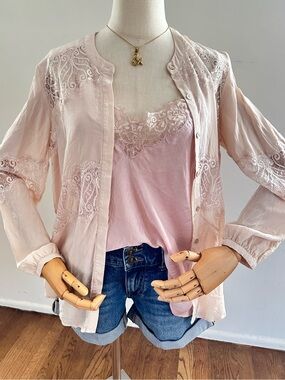 The Letter Blush Pink Lace Crochet Boho Button Blouse Romantic Soft Girl Top M
